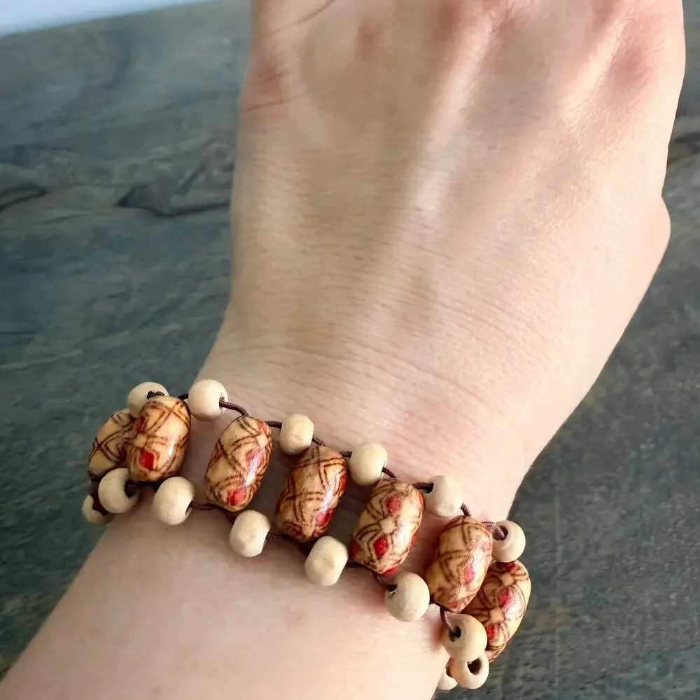 Boho Woven Painted Wood Beaded Stretch Bracelet